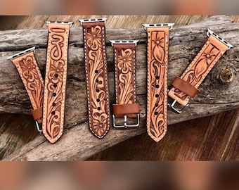 Custom Design Western Floral Tooled & Painted Leather Watch Band, Handmade Leather-carved Apple Watch Strap
