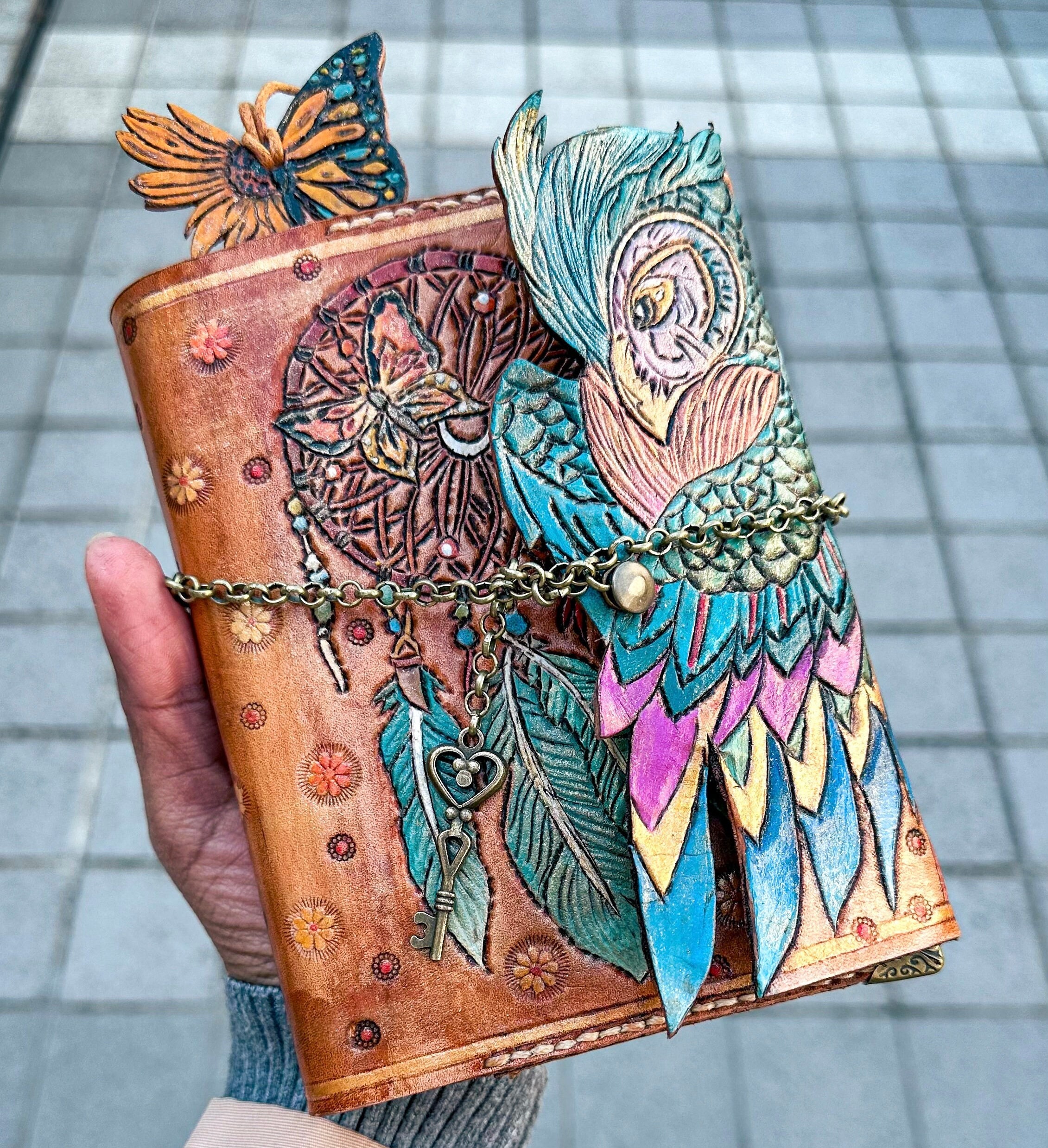 Handmade Tooled Leather Journal Cover , Owl & Dreamcatcher Design, Custom tooled leather noteboo