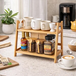 May include: A bamboo shelf unit holds mugs, jars of coffee beans, and a bottle of caramel syrup. The shelf displays white mugs, glass jars with wooden spoons, and a coffee maker. A cup of coffee sits on the counter.
