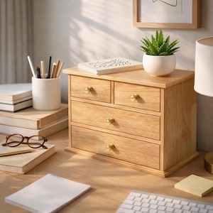 Natural Oak Desk Organizer With 4 Drawers - Minimalist Stationery Storage - Wooden Desktop Storage Box With Metal Handles - Jewelry Chest