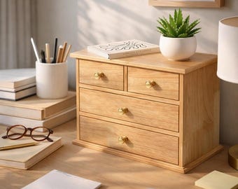 Natural Oak Desk Organizer With 4 Drawers - Minimalist Stationery Storage - Wooden Desktop Storage Box With Metal Handles - Jewelry Chest