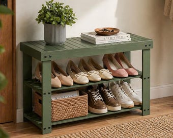 3-tier Green Bamboo Shoe Rack Bench | Entryway Organizer | Stylish Wooden Shoe Storage Bench | Japandi Style Shoe Rack | Hallway Furniture