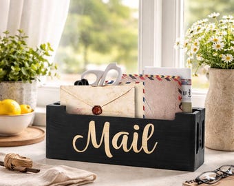 Wood Mail Organizer Black Rustic Mail Holder Desk Organizer Countertop Mail Sorter Farmhouse Mail Box Wall Mount Entryway Decor