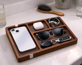 Wooden Valet Tray with Leather Inlay – Everyday Desk & Nightstand Organizer