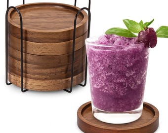 6 Pcs Acacia Wood Coaster Set with Holder – Premium Wooden Drink Coasters for Coffee Table, Dining Room, Kitchen & Home Decor