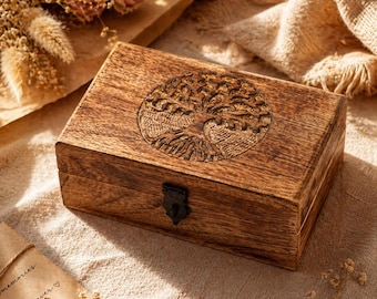Hand Carved Tree Of Life Wooden Keepsake Box | Mango Wood Jewelry Box | Spiritual Altar Decor | Family Tree Memory Chest | Anniversary Gift