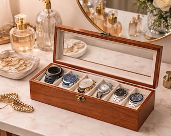 Wood Watch Box 6 Slot Walnut Watch Case with Glass Lid Mens Watch Organizer Velvet Lined Jewelry Storage Display Box