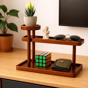 May include: A multi-tiered wooden organiser in a warm brown finish. It holds a small potted plant, a Rubik's Cube, sunglasses, a small wallet, and a small statue. The organiser is on a wooden surface.