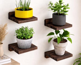 Small Floating Shelves - Rustic Wood Shelves - Wall Mounted Shelves - Indoor Plant Shelf - Modern Wall Shelf - Wall Shelf Set of 4