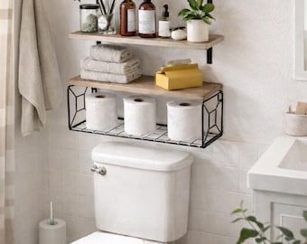 Bathroom Shelves Over Toilet with Storage Basket | Floating Wall Shelves | Natural Wood Wall Shelves for Home Organization