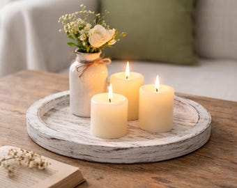 Round Paulownia Wood Candle Tray: Farmhouse Coffee Table Decor, Rustic Centerpiece Organizer