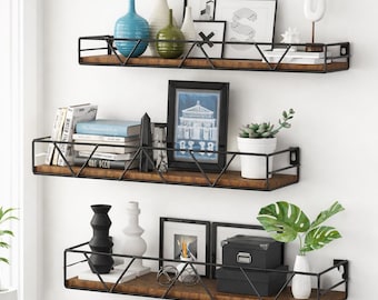 Wall Mounted Shelves - Wooden Wall Shelves - Rustic Wall Shelves - Wood and Metal Shelf - Modern Wall Decor - Floating Shelves Set of 3