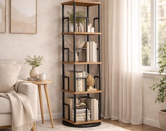 5 Tier Rotating Bookshelf Corner Bookcase, 360 Degree Spinning Bookshelf Tower, Industrial Rustic Brown Black Shelf, Corner Storage Rack