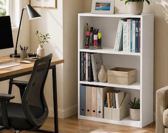Modern White 3-Tier Bookcase | Minimalist Desk Organizer | Wooden Storage Shelf | Small Space File & Book Rack | Compact Display Stand