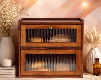 Boîte à pain en bois - Boîte de rangement pour la cuisine - Organisateur de cuisine en bois - Boîte à pain sur le plan de travail - Boîte à pain deux couches - Idée cadeau cuisine