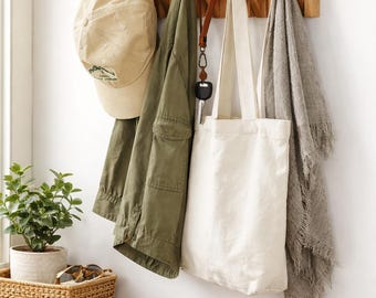 Coat & Hat Hooks Wall Mount with Key Holder | 9 Retractable Hangers, Solid Wood Slim Key Holder for Entryway