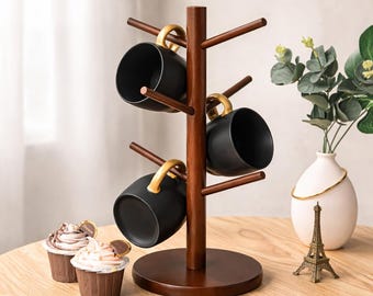 Wooden Mug Holder Tree with 6 Hooks, Coffee Cup Holder Stand, Brown Countertop Mug Rack, Farmhouse Coffee Bar Organizer
