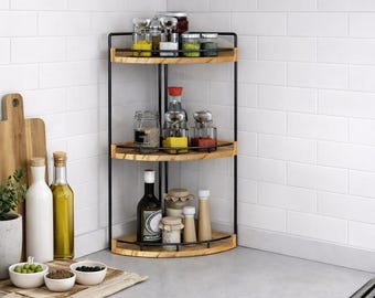 3 Tier Corner Organizer Shelf, Bathroom Counter Organizer, Wood Metal Storage Rack, Kitchen Spice Shelf, Vanity Countertop Organizer