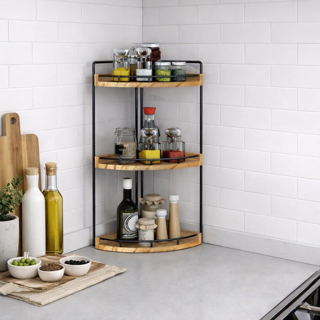 3 Tier Corner Organizer Shelf, Bathroom Counter Organizer, Wood Metal Storage Rack, Kitchen Spice Shelf, Vanity Countertop Organizer