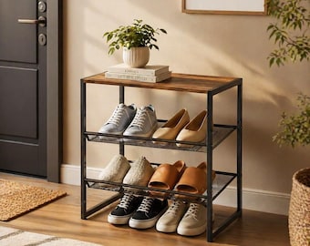 Industrial 3-Tier Shoe Rack with Rustic Wood Top - Entryway Storage Organizer - Metal Mesh Shoe Shelf - Rustic Wood Shoe Organizer
