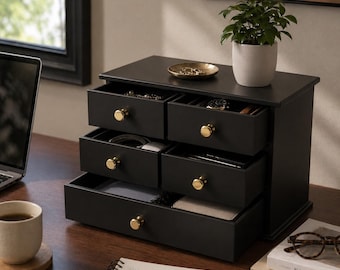 Organiseur de bureau en bois noir avec boutons dorés | Boîte à bijoux 5 tiroirs | Rangement de bureau de luxe | Organisateur de maquillage de vanité | Cadeau de luxe pour elle
