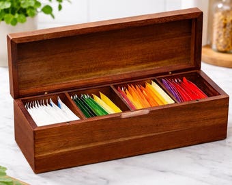 Wooden Tea Bag Organizer - Tea Bag Storage Box - Wooden Tea Storage Box - Tea Bag Holder - Wooden Kitchen Organizer - 4 Compartments Box
