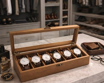 Wood Watch Box | 6 Slot Watch Case with Soft Pillows & Glass Lid | Brown Watch Organizer and Jewelry Storage
