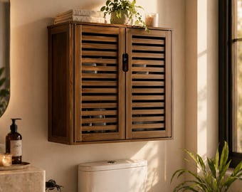 Bamboo Wall Mounted Bathroom Cabinet | Over The Toilet Storage Organizer | Natural Wood Medicine Cabinet | Mid Century Bathroom Decor
