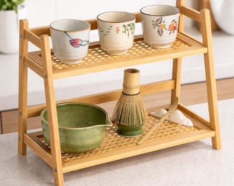 Bamboo Countertop Organizer - Kitchen Storage Shelf - Coffee Station Organizer - Rattan Holder - Two Tier Shelf - Matcha Station Organizer