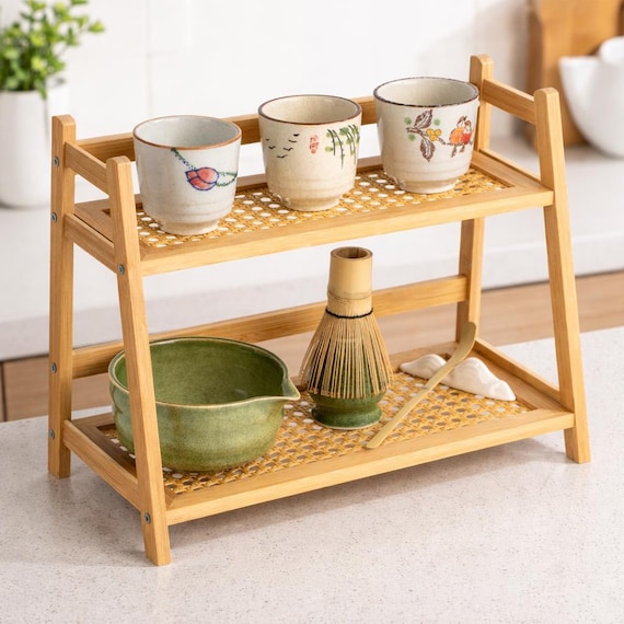 Bamboo Countertop Organizer - Kitchen Storage Shelf - Coffee Station Organizer - Rattan Holder - Two Tier Shelf - Matcha Station Organizer