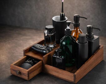 Solid Wood Men's Organizer – Bathroom Vanity Tray with Drawer
