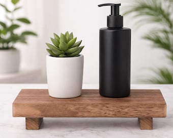 Small Wooden Tray Pedestal Stand | Farmhouse Bathroom Decor | Wood Riser for Vanity, Sink, Kitchen Counter | Soap Dish Holder