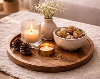 Round Wooden Decorative Candle Holder Tray - Acacia Wood Serving Tray - Coffee Table Decor - Rustic Boho Centerpiece - Circular Candle Tray