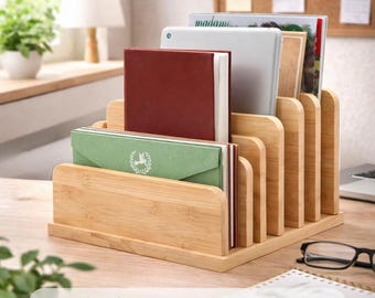 Desk File Mail Organizer - Letter Trays & Stacking Supports - 5 Slots Bamboo Folder Sorter Holder