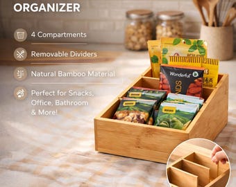 Bamboo Snack Organizer 2 Pack Pantry Storage with Dividers Coffee Pod Holder Spice Packet Organizer Kitchen Cabinet Counter Organizer