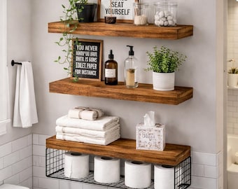 Bathroom Wall Shelves - Rustic Wood Shelves - Floating Shelf Set - Kitchen Wall Shelves - Modern Wall Mounted Shelf - Set of 3 Shelves