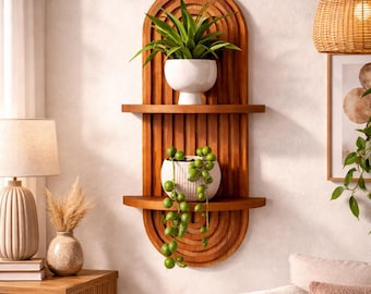 Boho Wooden Wall Decor - Hanging Plant Shelf - Boho Wall Shelf - Wall Mounted Plant Shelf - Floating Wall Shelves - Brown Wall Decor