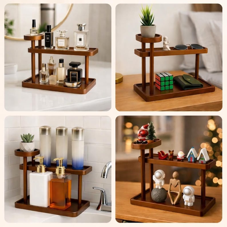 May include: A dark brown, two-tiered wooden shelf unit. The top tier holds a small potted plant. The shelves display various items, including perfume bottles, skincare products, a Rubik's cube, sunglasses, and decorative figurines. The unit is designed for display and organization.