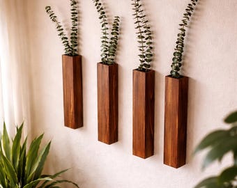 Set of 4 Walnut Wood Wall Planters – Modern Boho Indoor Decor Shelf