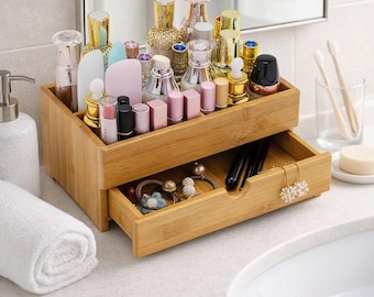 Bamboo Makeup Organizer with Drawer, Wooden Cosmetic Storage Box, Vanity Countertop Makeup Holder, Bathroom Dresser Desk Organizer