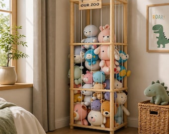 Rangement de zoo en bois pour animaux en peluche | Porte-jouet en peluche | Grand rangement d'angle pour jouets | Organisation de la salle de jeux pour enfants | Grande cage pour animaux en peluche
