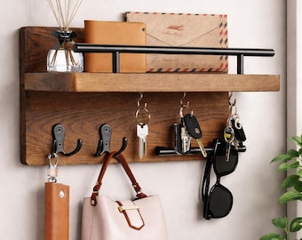 Porte-clés mural - Organisateur mural pour entrée - Porte-clés rustique - Porte-clés avec étagère - Porte-courrier en bois - Décoration rustique moderne