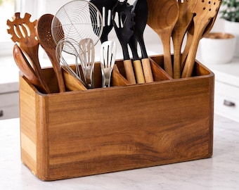 Wood Utensil Holder - Kitchen Storage Organizer - Countertop Holder - Kitchen Counter Organizer - Acacia Wood Holder - Rustic Kitchen Decor