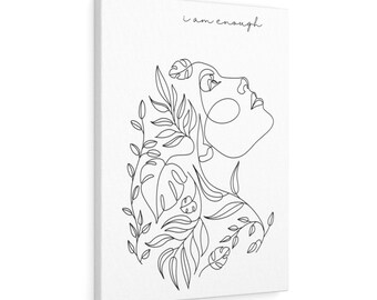I Am Enough Line Art Printable – One Line Face & Female Body Drawing, Woman Line Drawing, Self Love Wall Art, Sip and Paint Template