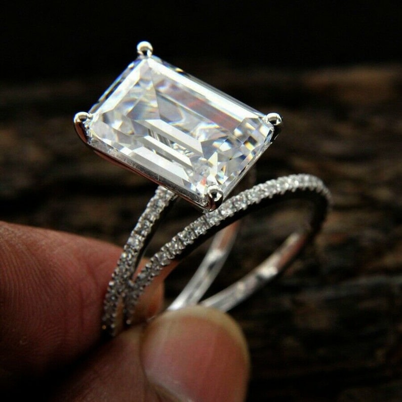 6 TCW Emerald Cut White D Color Solitaire Wedding Ring Set Solid 14K White Gold Solitaire Ring With Band Silver Ring Emerald Diamond Ring