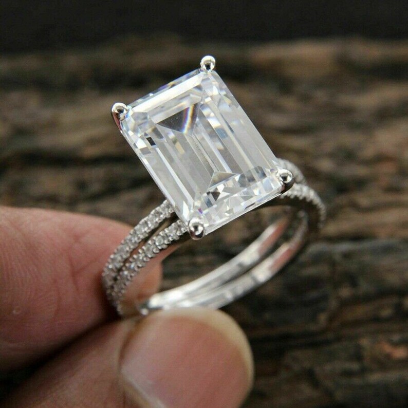 6 TCW Emerald Cut White D Color Solitaire Wedding Ring Set Solid 14K White Gold Solitaire Ring With Band Silver Ring Emerald Diamond Ring