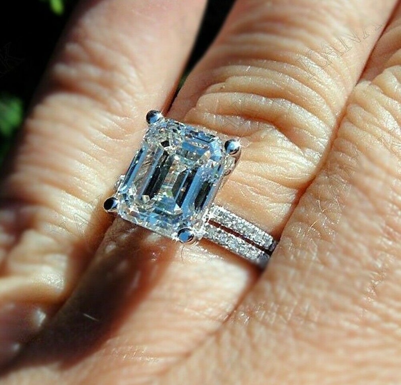 6 TCW Emerald Cut White D Color Solitaire Wedding Ring Set Solid 14K White Gold Solitaire Ring With Band Silver Ring Emerald Diamond Ring