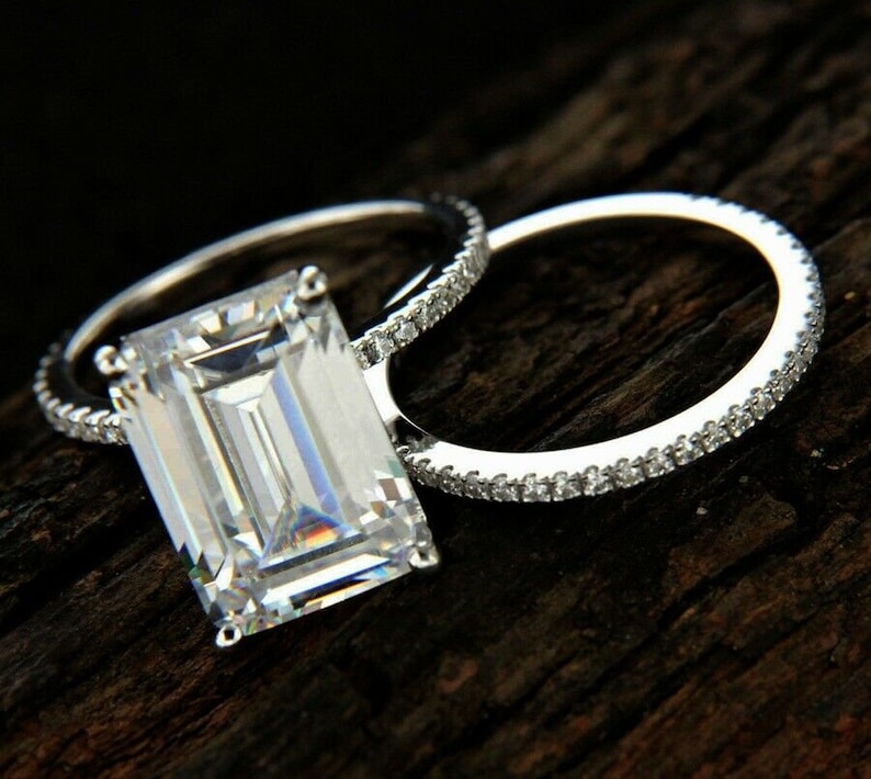 6 TCW Emerald Cut White D Color Solitaire Wedding Ring Set Solid 14K White Gold Solitaire Ring With Band Silver Ring Emerald Diamond Ring