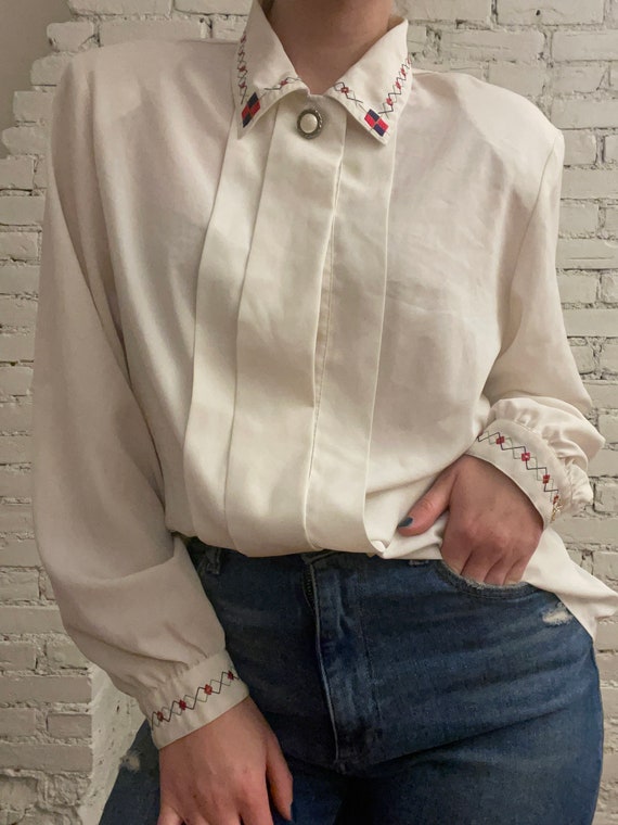 Vintage Embroidered Blouse Collared Pleated - image 7