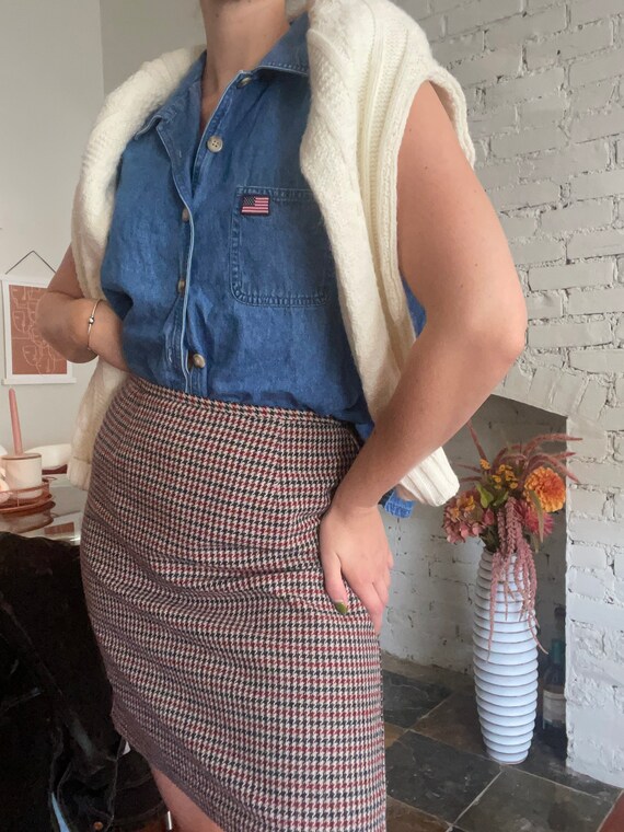 Jupe Mi-longue Vintage Barry Bricken - 100% Laine Vierge, Motif Pied-de-poule Marron, Taille 14 - Occasion Très Bon état